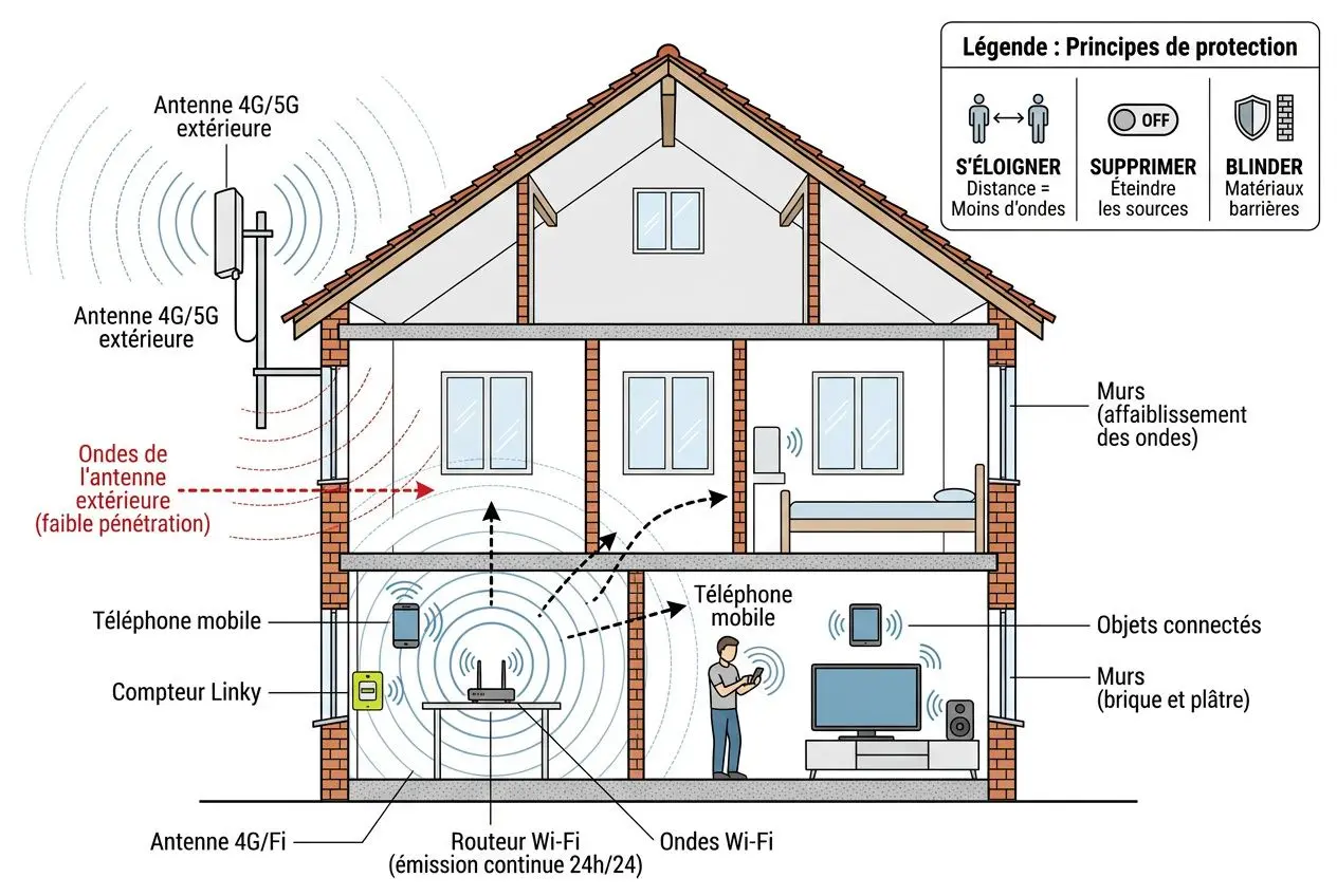 Schéma d'une maison avec antennes 4G/5G et réseau Wi-Fi, montrant les sources d'ondes et les zones d'exposition dans le salon et les pièces, avec une légende des protections et des objets connectés.