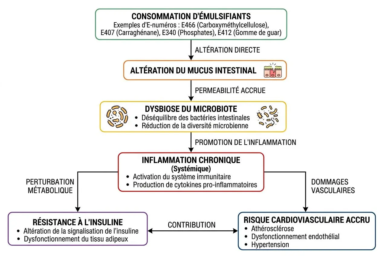 Schéma expliquant les effets des émulsifiants alimentaires sur le microbiote et l'inflammation, illustrant la chaîne menant à un risque cardiovasculaire et à une résistance à l'insuline