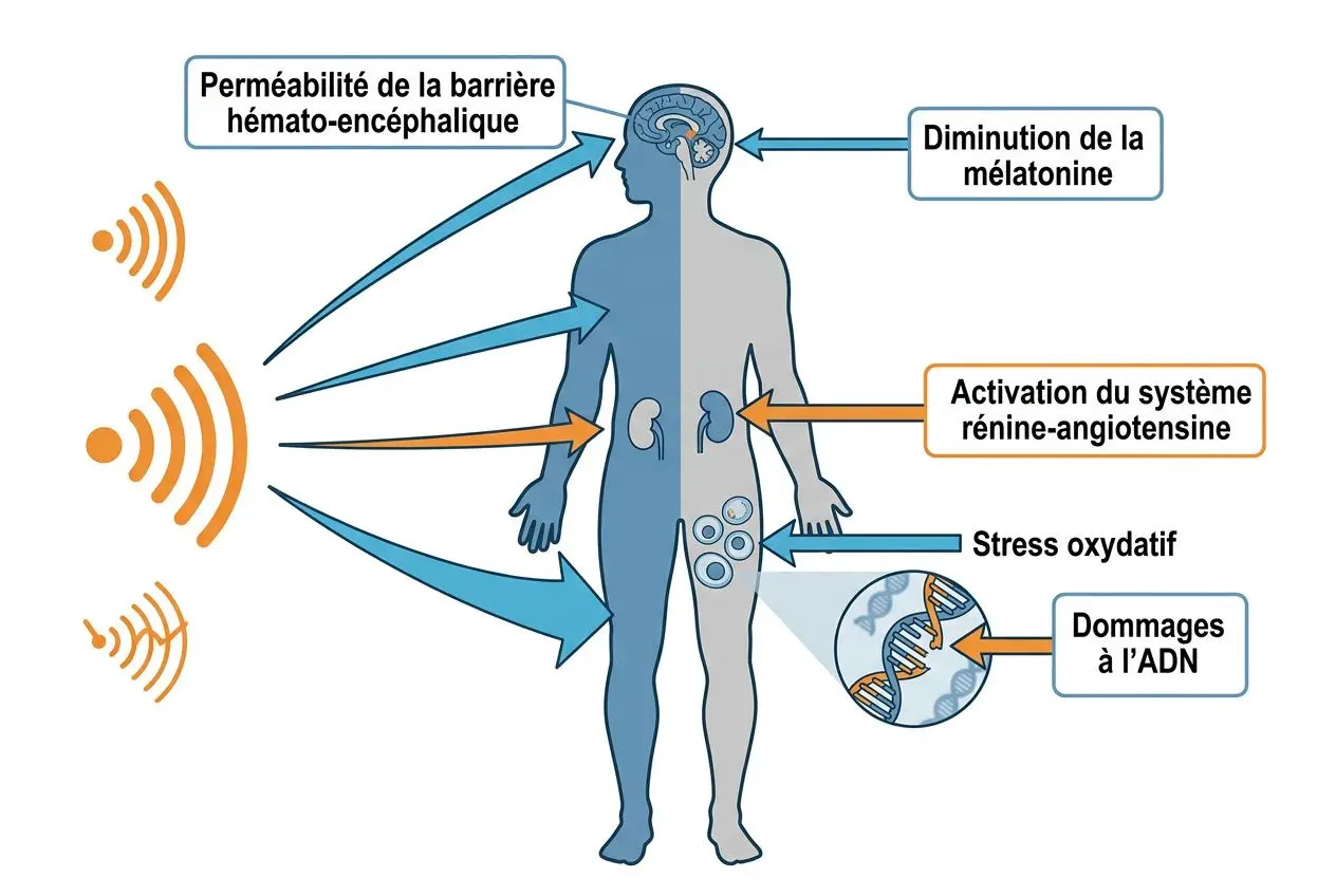 Schéma illustrant l'électrosmog et les effets potentiels des ondes sur le corps : barrière hémato-encéphalique, mélatonine, système rénine-angiotensine, stress oxydatif et dommages à l'ADN liés aux antennes relais 5G.