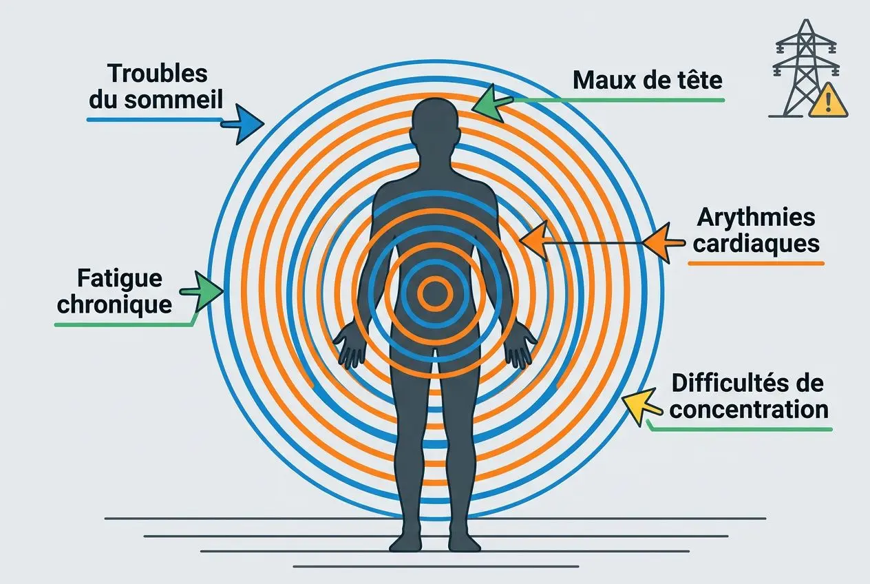 Schéma d'un corps humain entouré de champs électromagnétiques illustrant les effets potentiels sur la santé : troubles du sommeil, fatigue chronique, maux de tête, arythmies et difficultés de concentration