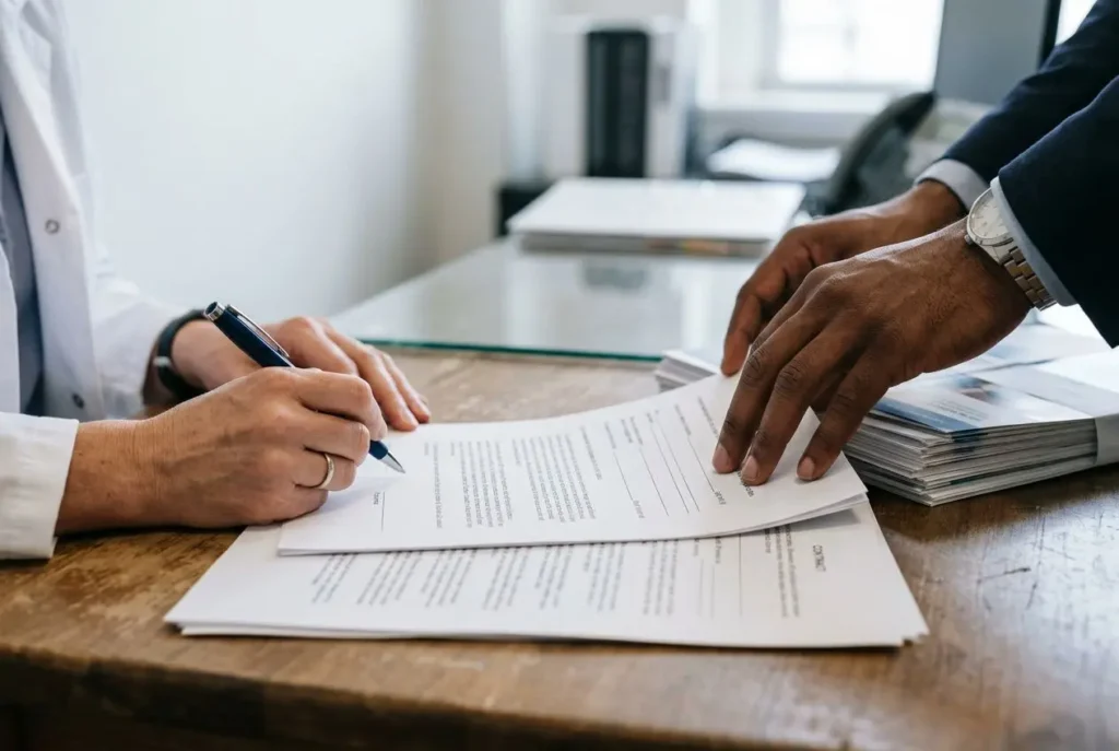 Signature d’un document par deux professionnels de santé, près d’une pile de dossiers sur un bureau. Conflits d intérêt médeci.