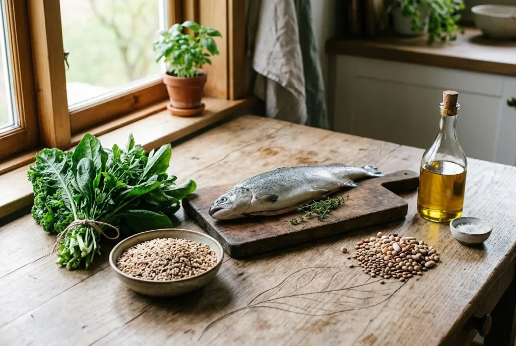 Table de cuisine avec poisson cru sur planche, légumes verts et céréales, huile d’olive à côté, illustration de nutrition raisonnée.