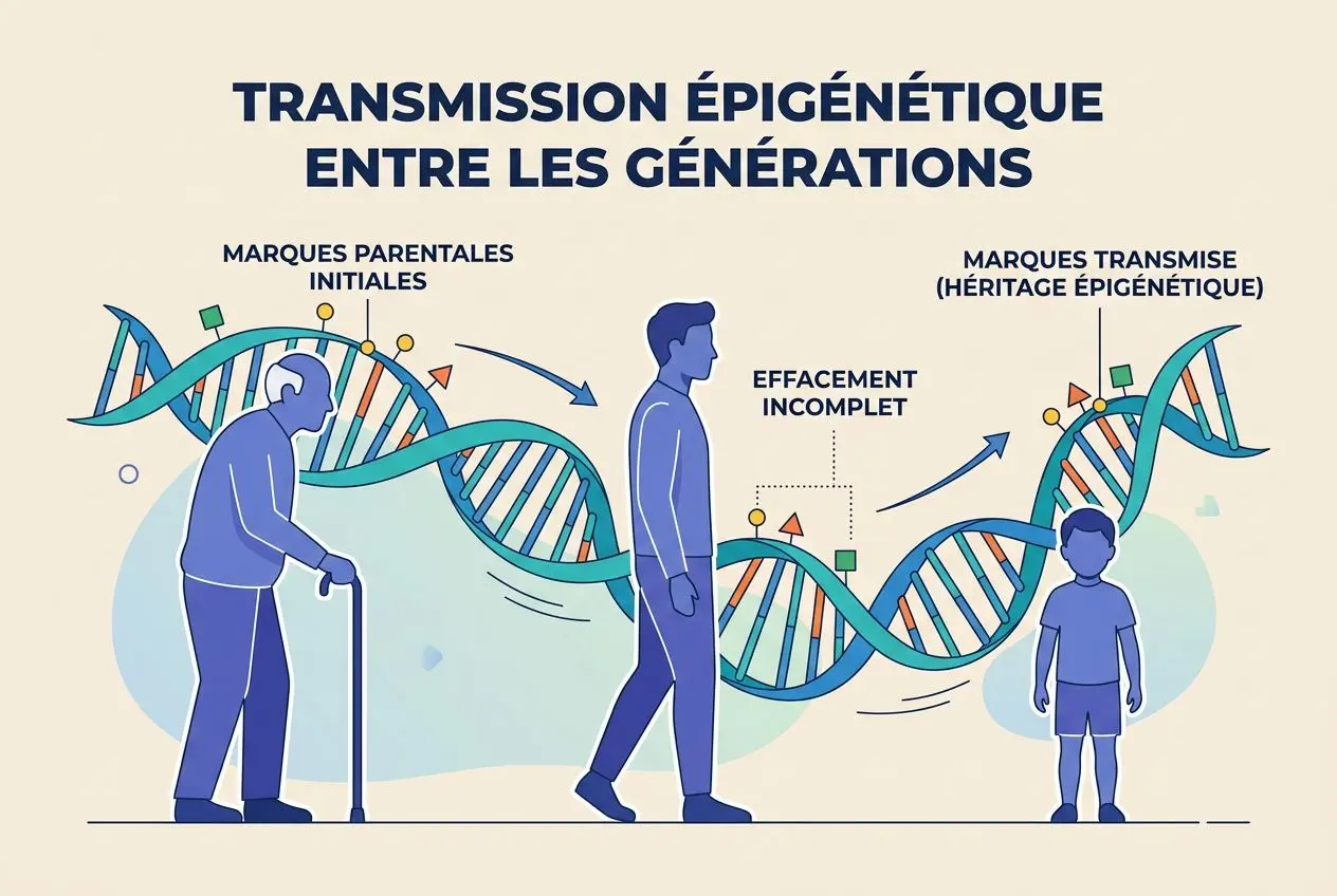 Transmission épigénétique entre générations, avec une personne âgée et un enfant; motif d'ADN et flèches illustrant l'hérédité épigénétique. Épigénétique définition présentée.