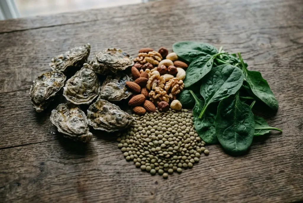 Varie fruits à coque et légumes-feuilles: spirales d’algues? Non. Assortiment de noix, lentilles et épinards frais, avec des légumes verts et des graines. oligoéléments carence symptômes intégré naturellement.