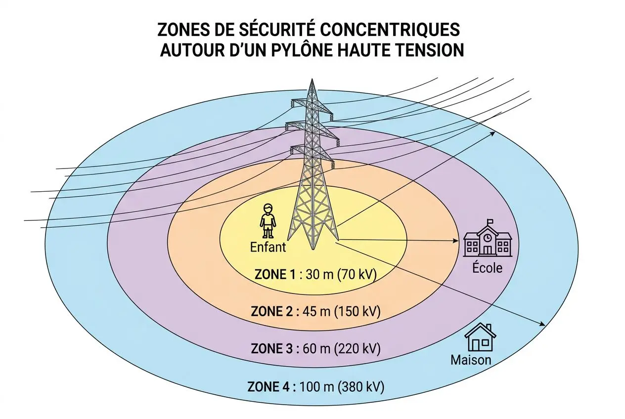 Zones de sécurité recommandées autour d'un pylône haute tension, avec périmètres d'exclusion près des écoles et des habitations, en lien avec l'exposition aux champs électromagnétiques