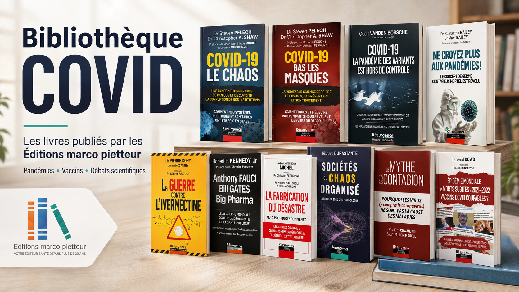Bibliothèque Covid des Editions marco pietteur, livres sur pandémies, vaccins et débats scientifiques