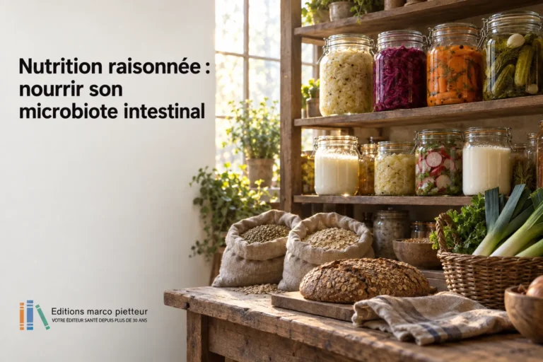 Assortiment de bocaux et d’aliments fermentés sur une étagère et des pains sur une table.