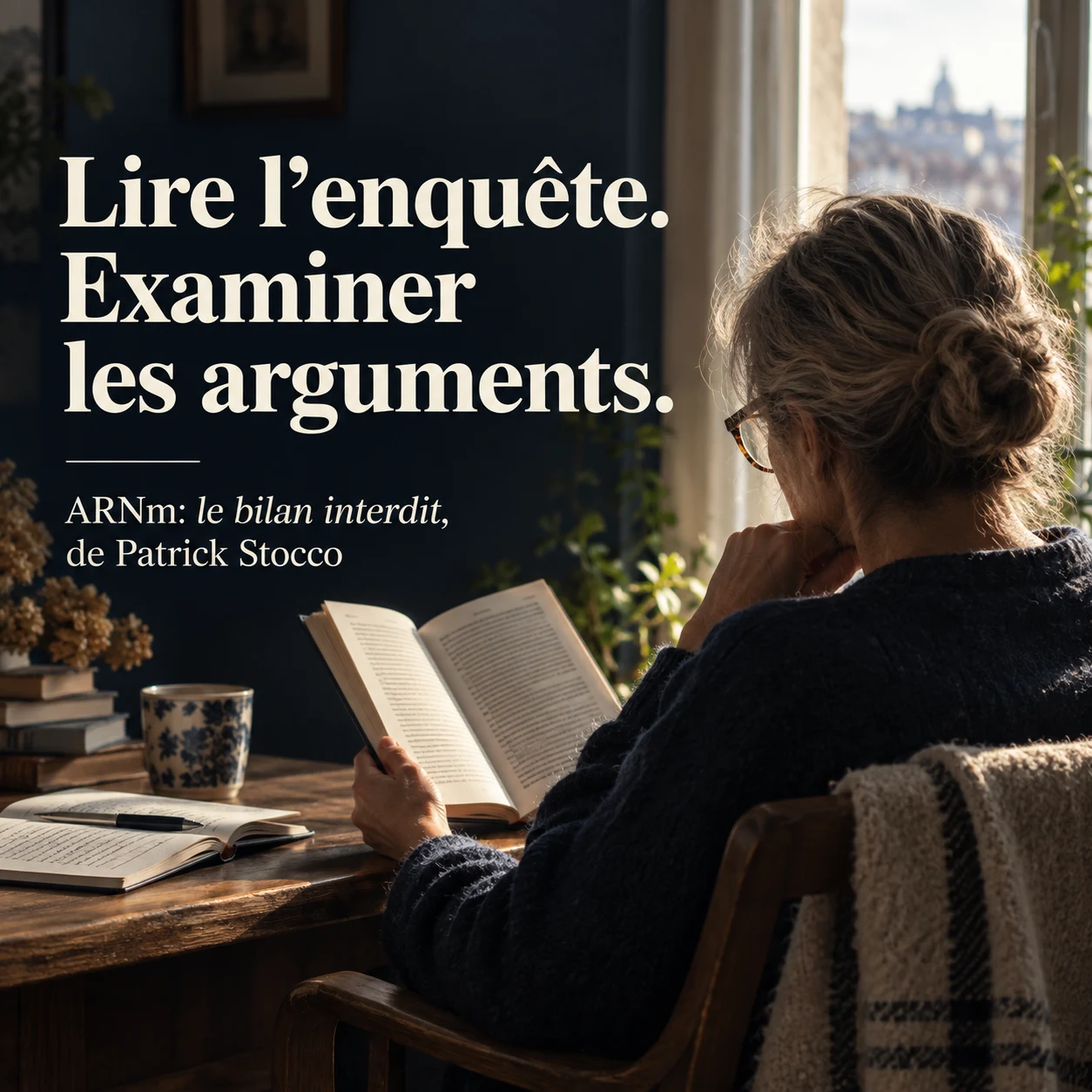 Lecteur près d’une fenêtre: Lire l’enquête. Examiner les arguments.