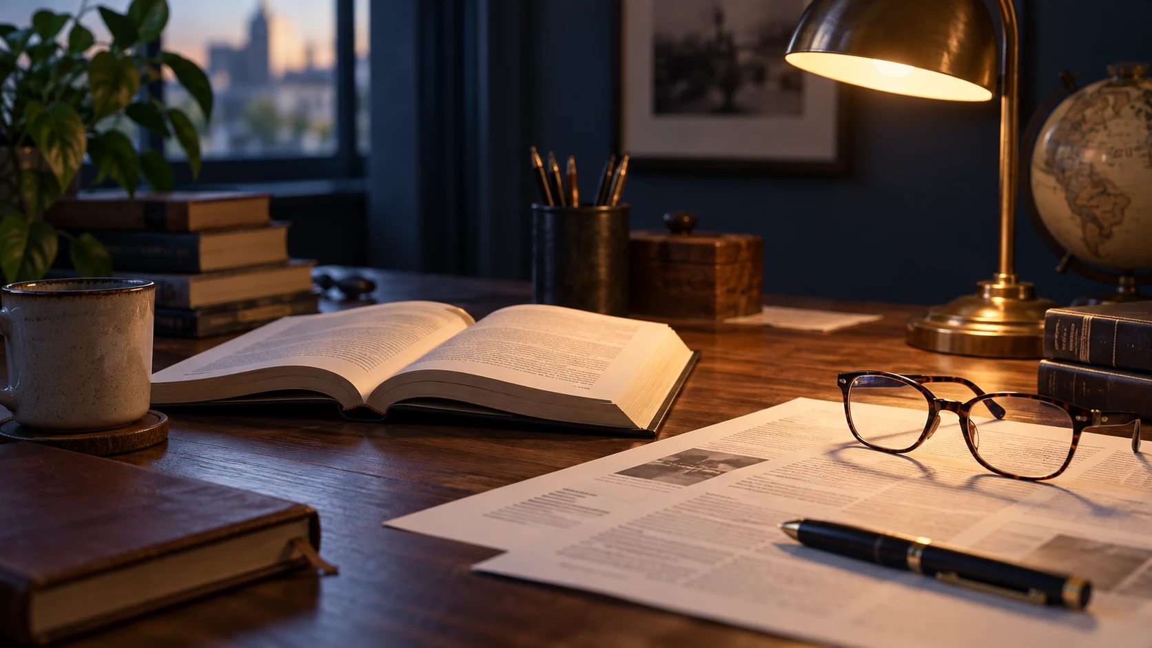 Livre ouvert, documents et lunettes sur un bureau de lecture