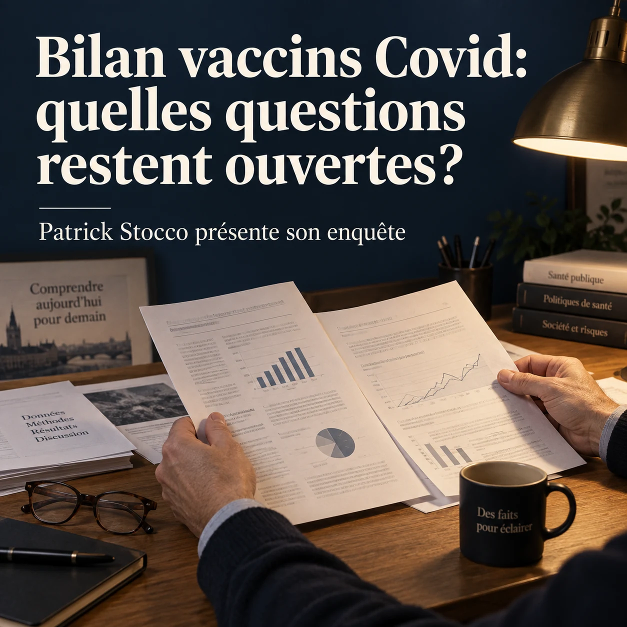 Documents sur un bureau, avec la question: Bilan vaccins Covid: quelles questions restent ouvertes?