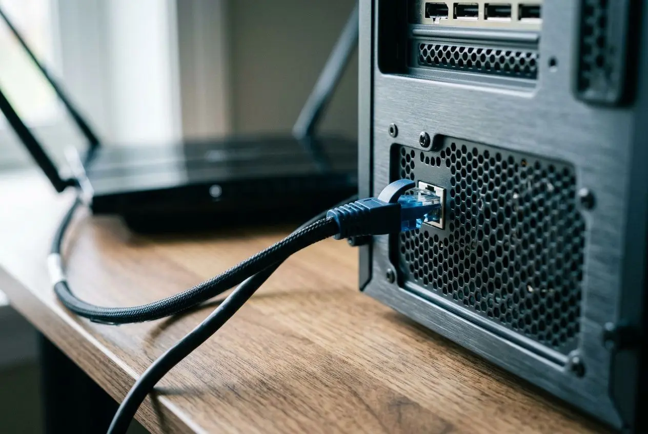 Câble Ethernet branché à une box, illustrant une connexion filaire en alternative au wifi