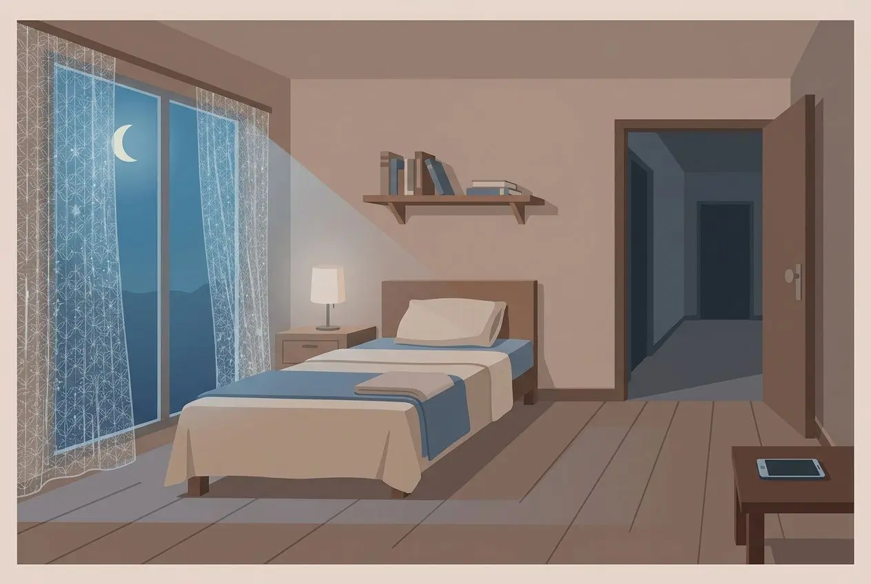 Chambre calme et sombre avec lit double et rideaux translucides, propice à la réduction des ondes nocturnes