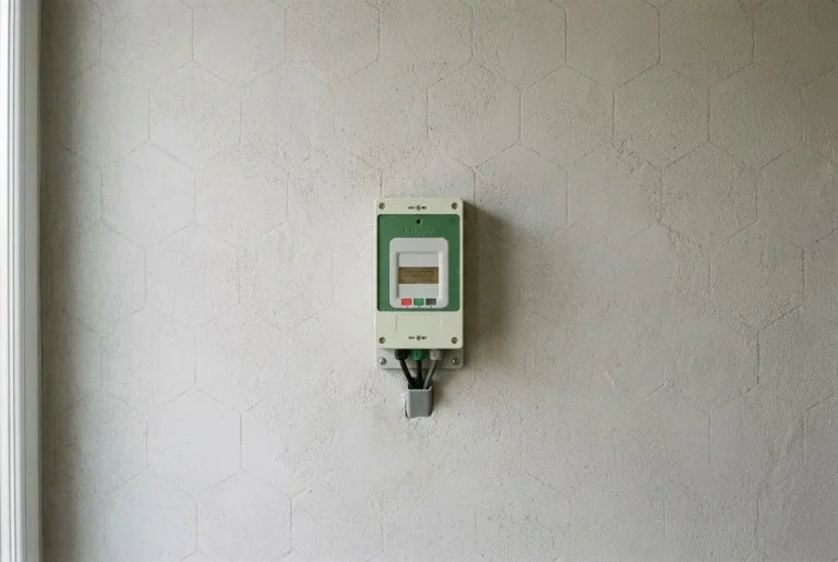 Compteur Linky mural fixé sur une paroi grise, aspect industriel et câblage dessous, pas de personnes présentes. compteur linky danger 60 millions de consommateur est mentionné dans le contexte.