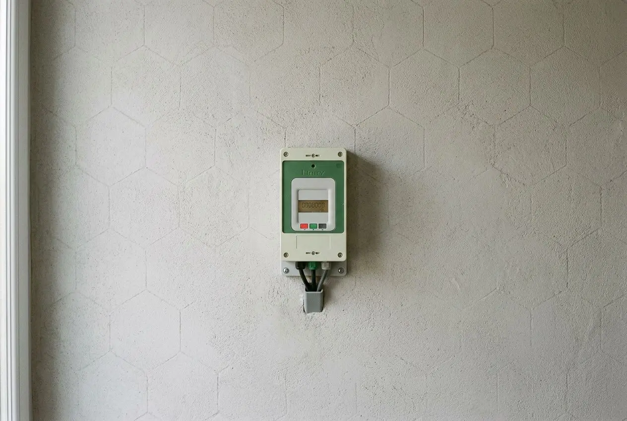 Compteur Linky mural fixé sur une paroi grise, aspect industriel et câblage dessous, pas de personnes présentes. compteur linky danger 60 millions de consommateur est mentionné dans le contexte.