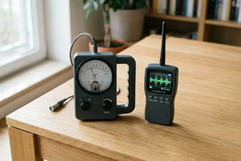 Deux appareils de mesure des ondes électromagnétiques sur une table en bois: un contrôleur avec cadran et manomètre et un détecteur RF avec écran affichant une courbe. Mesurer les ondes électromagnétiques dans la maison.