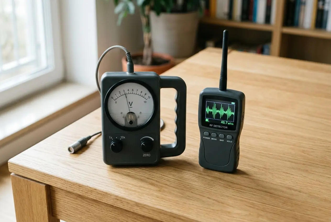 Deux appareils de mesure des ondes électromagnétiques sur une table en bois: un contrôleur avec cadran et manomètre et un détecteur RF avec écran affichant une courbe. Mesurer les ondes électromagnétiques dans la maison.