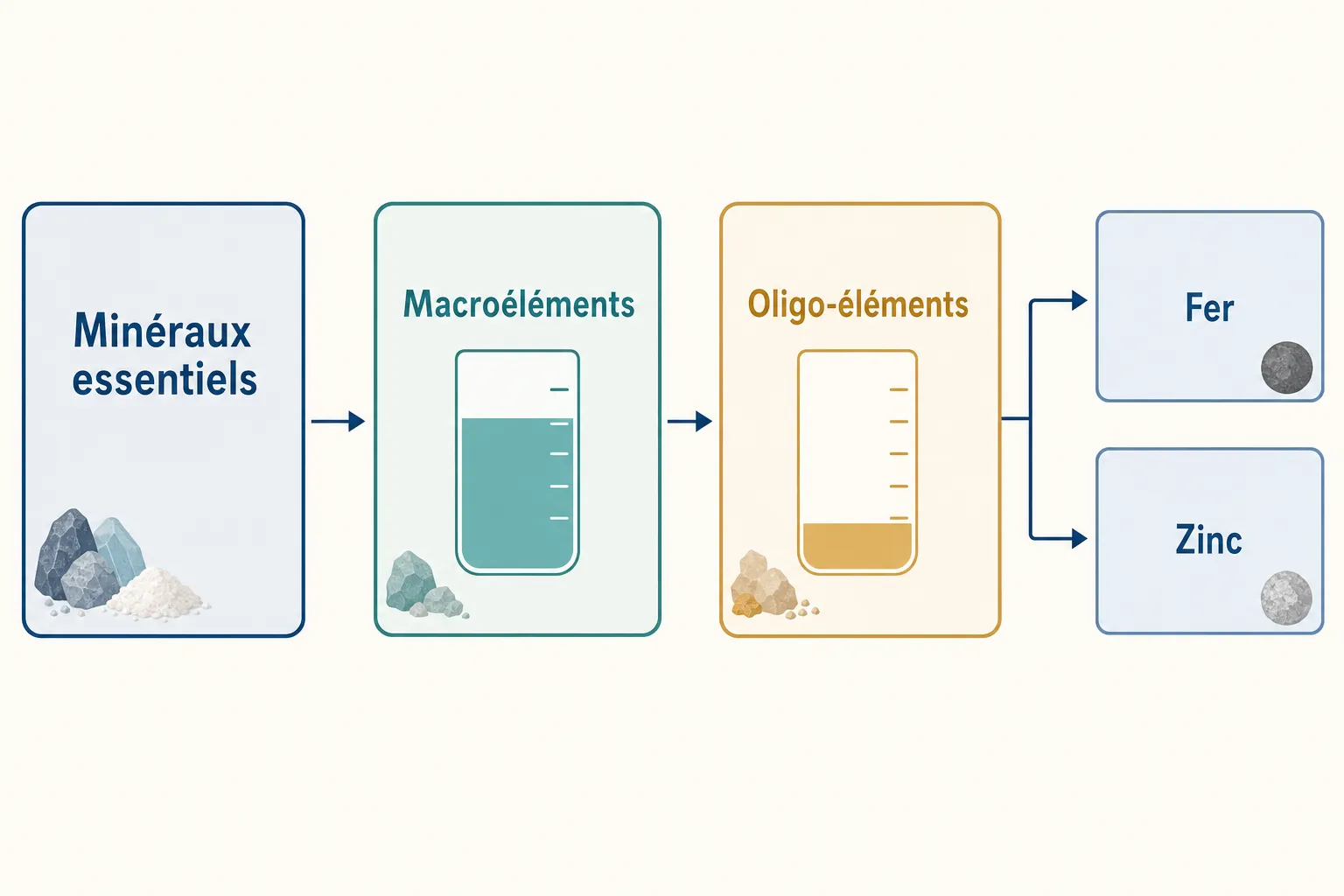 Diagramme illustrant la hiérarchie entre minéraux essentiels, macroéléments et oligo-éléments, avec le fer et le zinc en exemples.