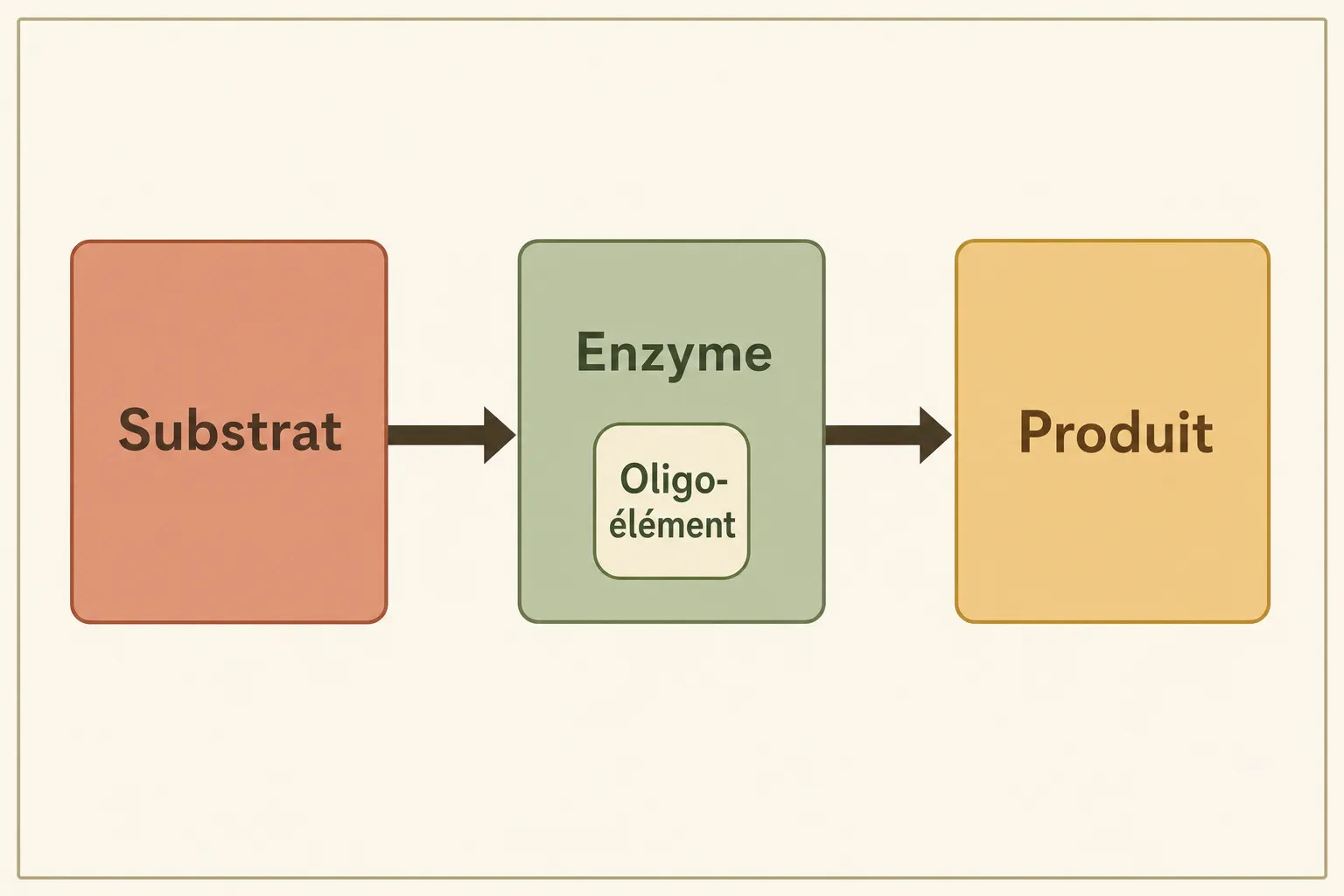 Diagramme du principe substrat, enzyme et oligo-élément intégré aboutissant au produit, illustrant le fonctionnement de l'oligothérapie.