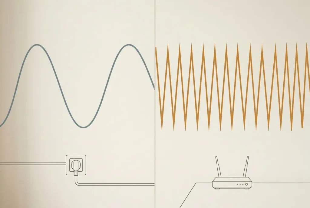Exposition aux ondes à domicile: rayon vert d’un côté et ondes orange à l’autre, près d’une prise et d’un routeur, illustrant la pollution électromagnétique maison.