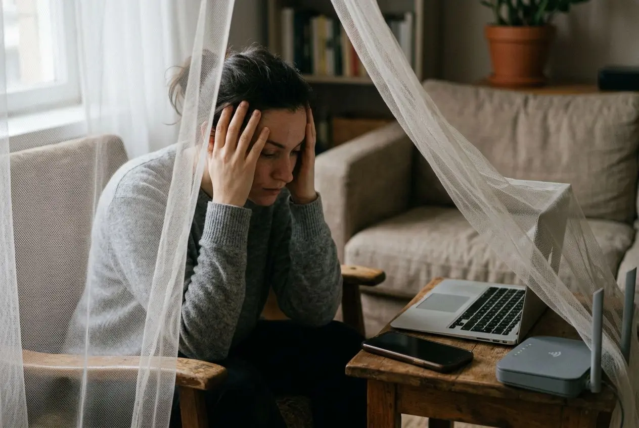 Femme inquiète qui se tiens la tête sous une voile légère, autour d’un bureau avec ordinateur et smartphone, évoquant l’hypersensibilité électromagnétique comment se protéger.