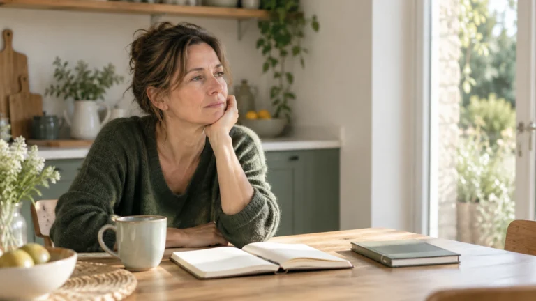 Une femme prend une pause à sa table, un carnet ouvert devant elle, pour illustrer la fatigue persistante.