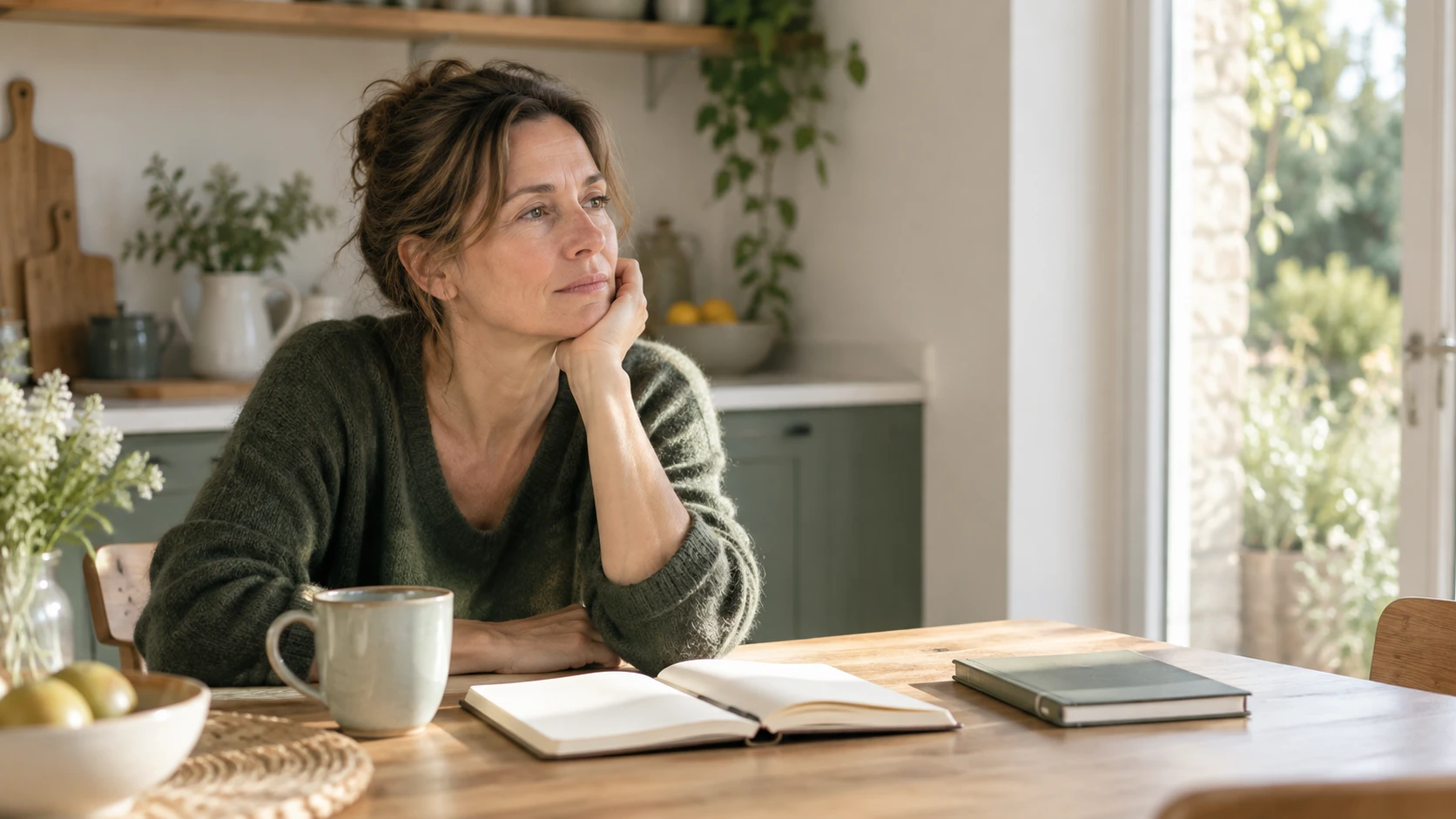 Une femme prend une pause à sa table, un carnet ouvert devant elle, pour illustrer la fatigue persistante.
