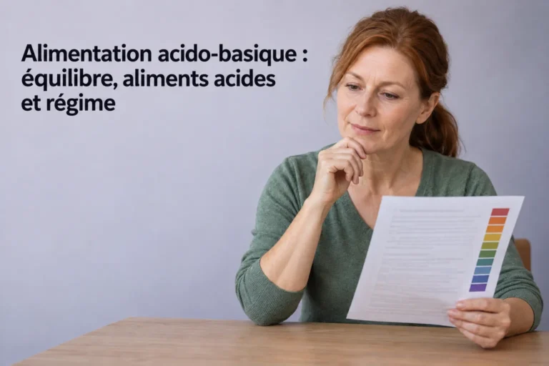 Homme? Non: Une femme au visage pensif lit un document couleur onglet, sur fond gris clair, avec le titre “Alimentation acido-basique : équilibre, aliments acides et régime” en haut à gauche. alt texte intégrant le mot-clé alimentation acido-basique.