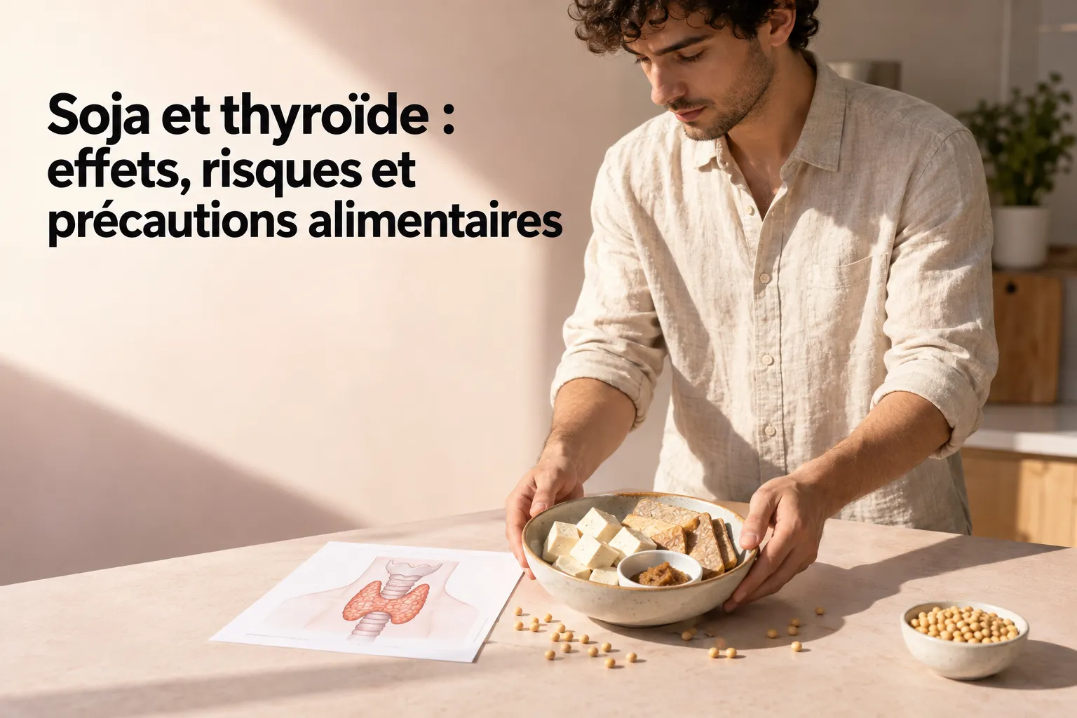 Homme préparant un bol de tofu et de snacks, avec une illustration intestinale et des graines à côté, sur fond lumineux. soja et thyroïde.