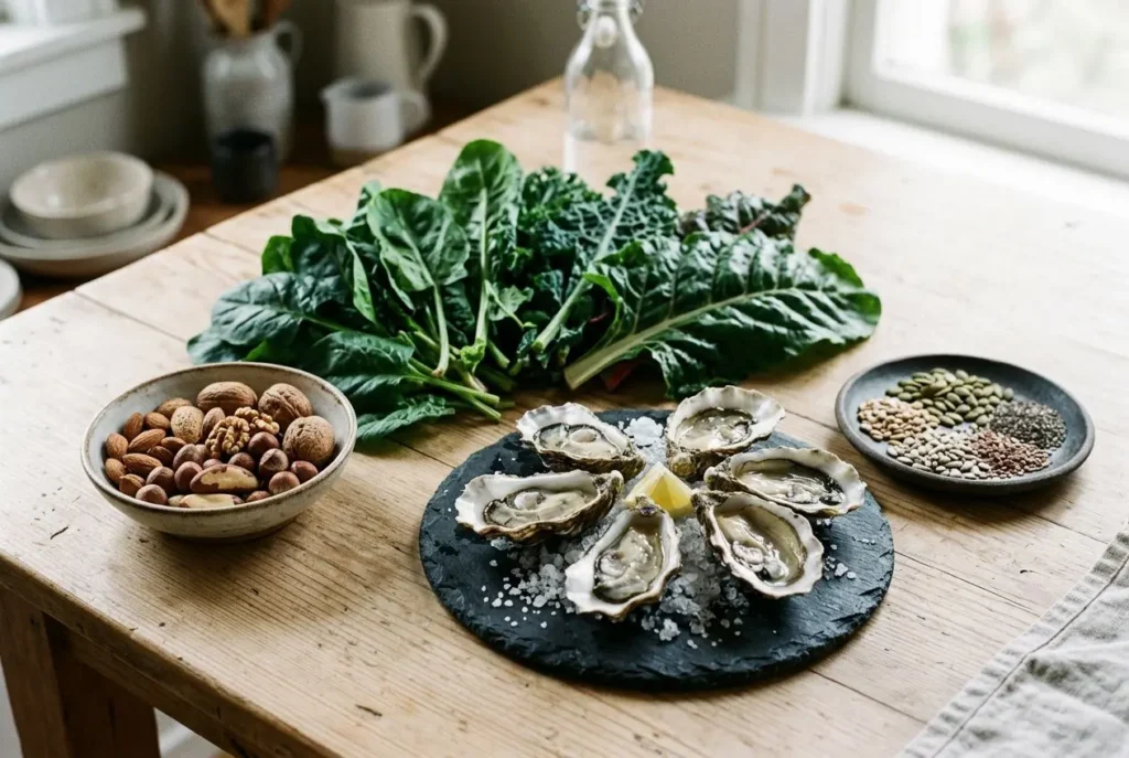 Huîtres fraîches sur ardoise avec quartiers de citron, entourées de chou frisé, noix et graines sur une table en bois. oligoéléments contre la fatigue et le stress.