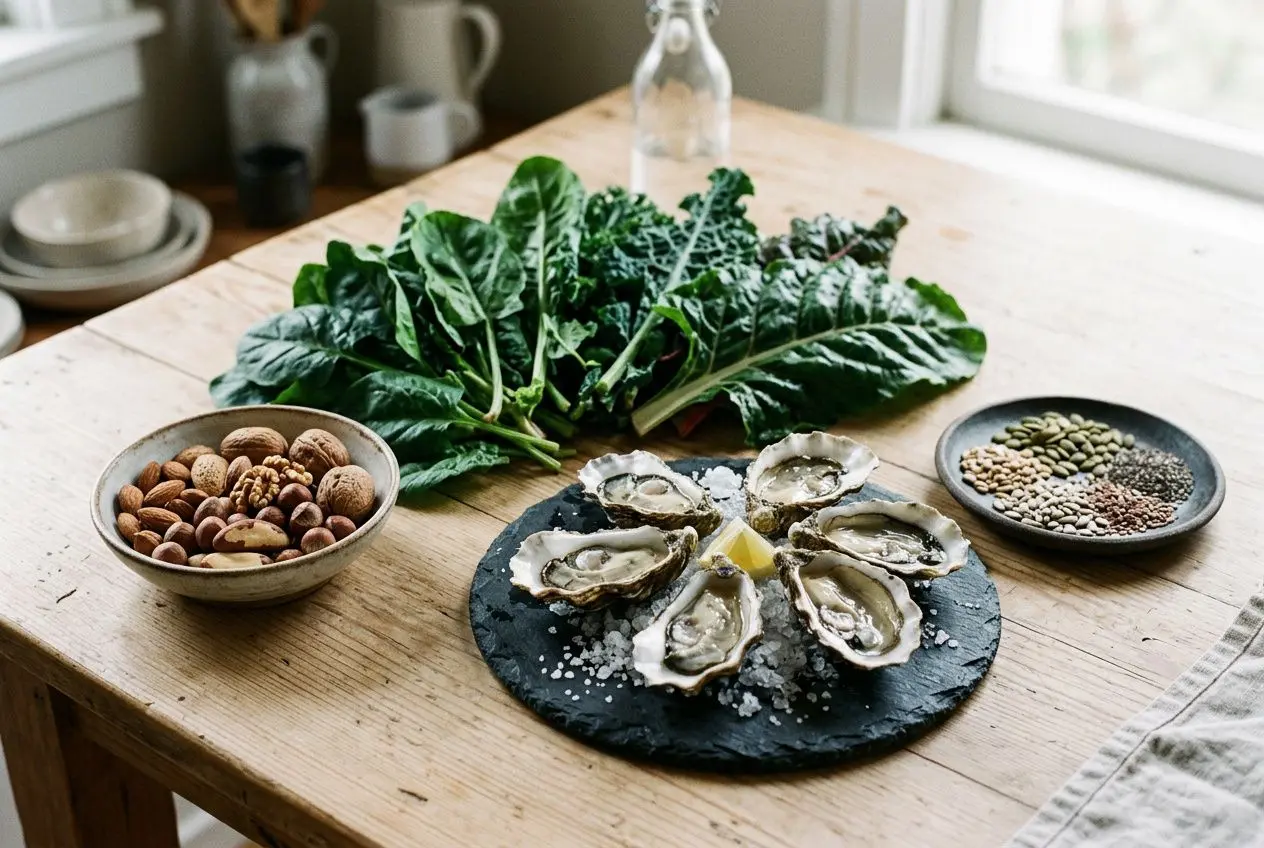 Huîtres fraîches sur ardoise avec quartiers de citron, entourées de chou frisé, noix et graines sur une table en bois. oligoéléments contre la fatigue et le stress.