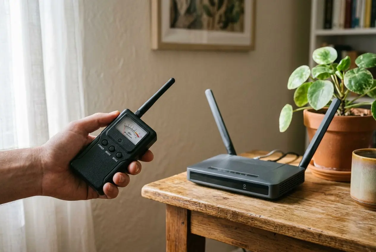 Mesure d'appareils sans fil avec un détecteur de radiofréquences, près d'une box et d'une plante