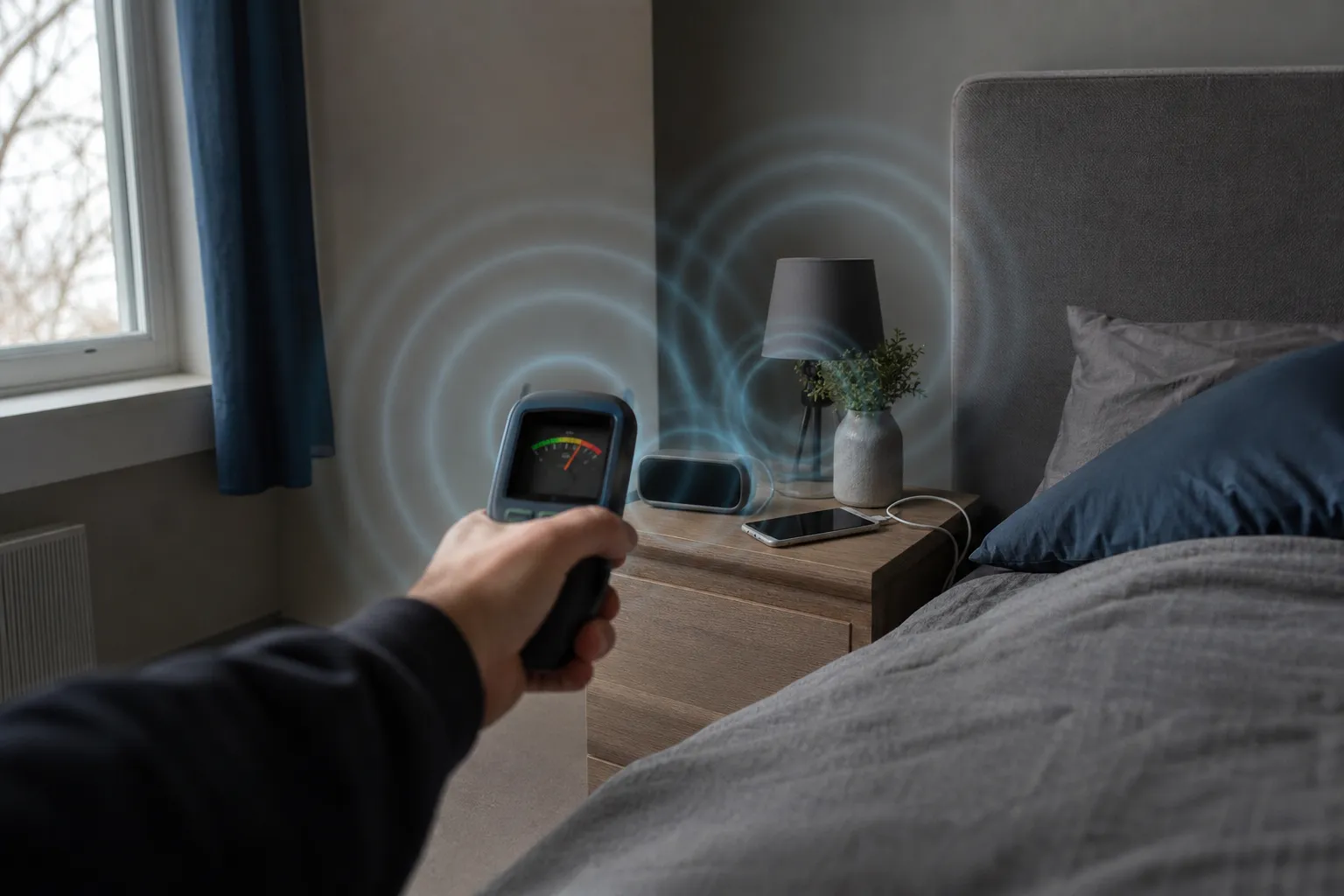 Mesure des ondes près d’un lit avec un compteur infrarouge, émettant des cercles d’ondes autour d’un smartphone et d’un enceinte/horloge. Protection contre les champs électromagnétiques dans la chambre.