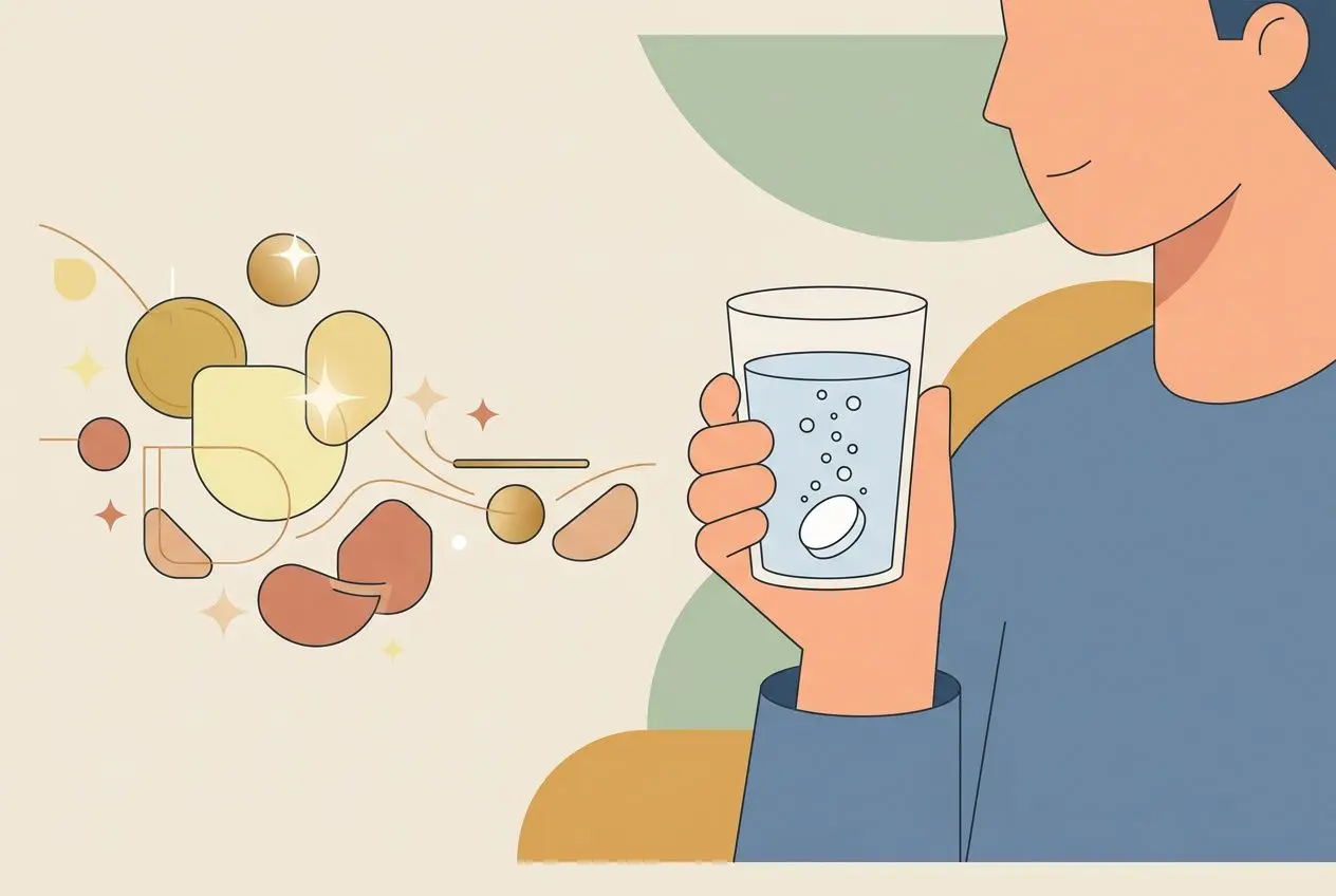 Personne tenant un verre d'eau avec des compléments en oligo-éléments et pilules flottant autour, évoquant les oligoéléments contre la fatigue et le stress.