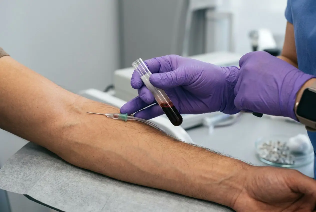 Prélèvement sanguin sur le bras pour déceler une carence en oligo-éléments, avec tube de test et gants violets.
