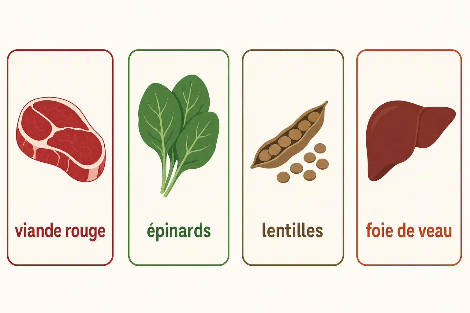 Quatre étiquettes illustrées : viande rouge, épinards, lentilles et foie de veau, représentant des sources alimentaires possibles d'oligo-éléments.