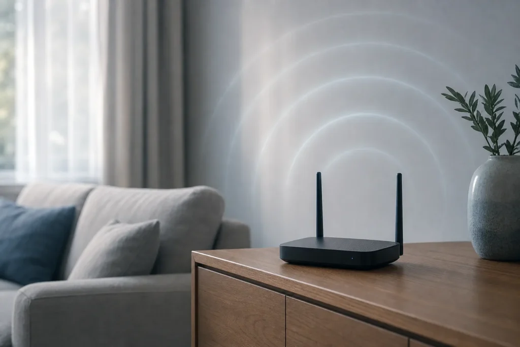 Routeur sans fil posé sur une commode en bois dans un salon, ondes circulaires visibles autour de l’appareil. wifi dangereux santé