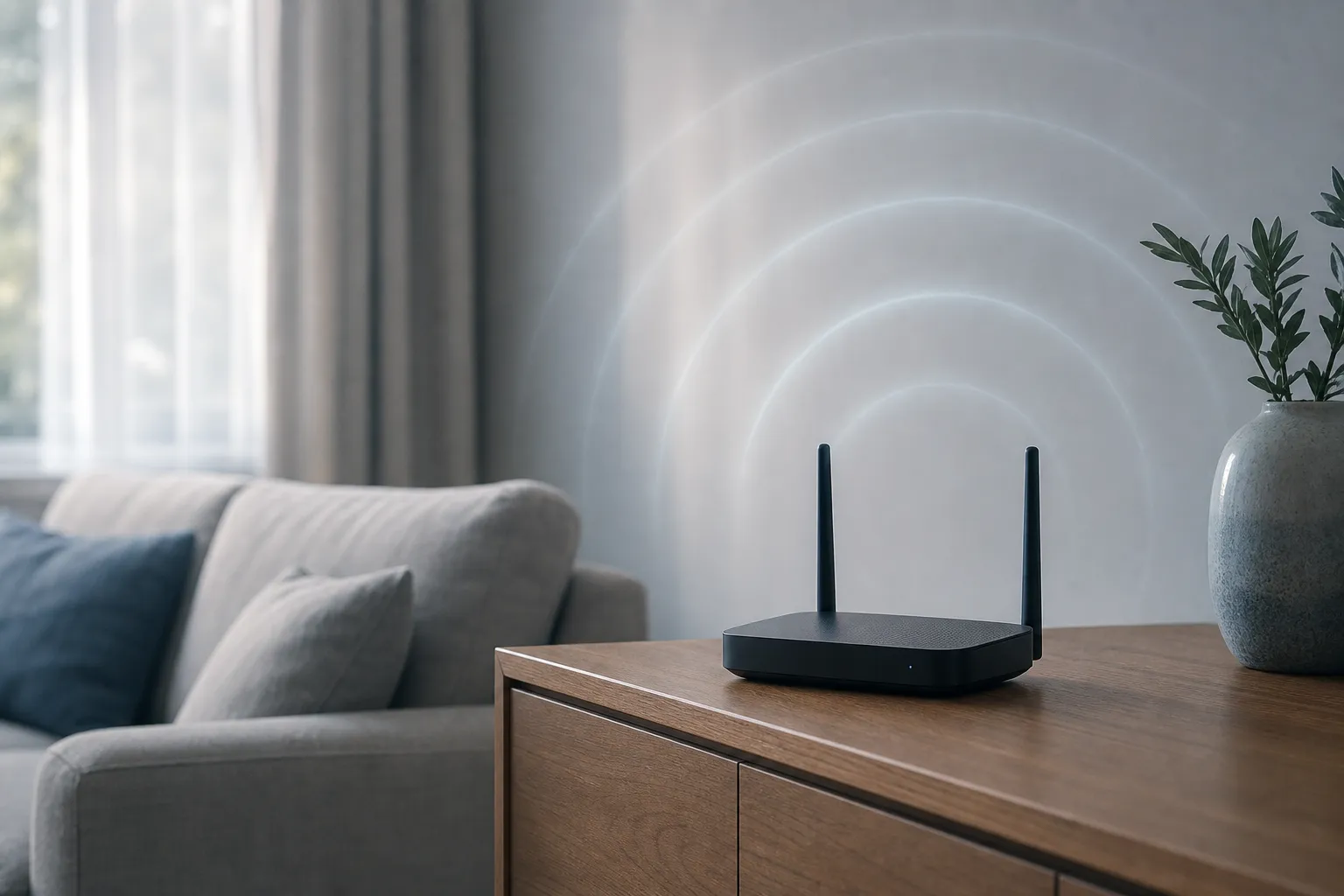 Routeur sans fil posé sur une commode en bois dans un salon, ondes circulaires visibles autour de l’appareil. wifi dangereux santé