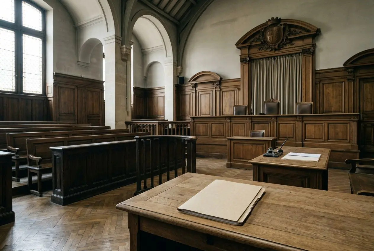 Salle d'audience d'un tribunal austère en bois sombre, pupitre et sièges, ambiance officielle et judiciaire.