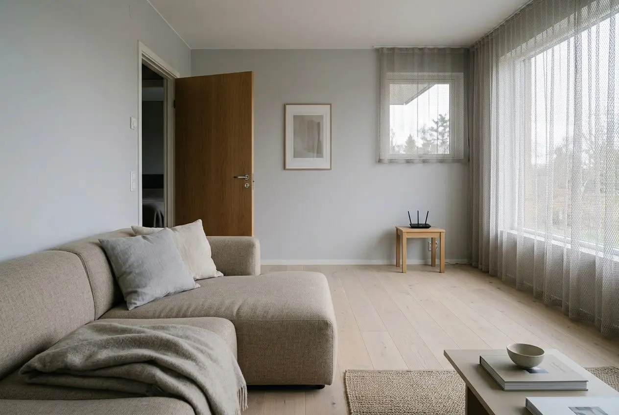Salon lumineux avec canapé beige près d’une grande baie vitrée et rideaux translucides; table basse et tapis neutres, porte ouverte et décoration minimale. comment bloquer les ondes wifi est intégré de façon naturelle dans la description.