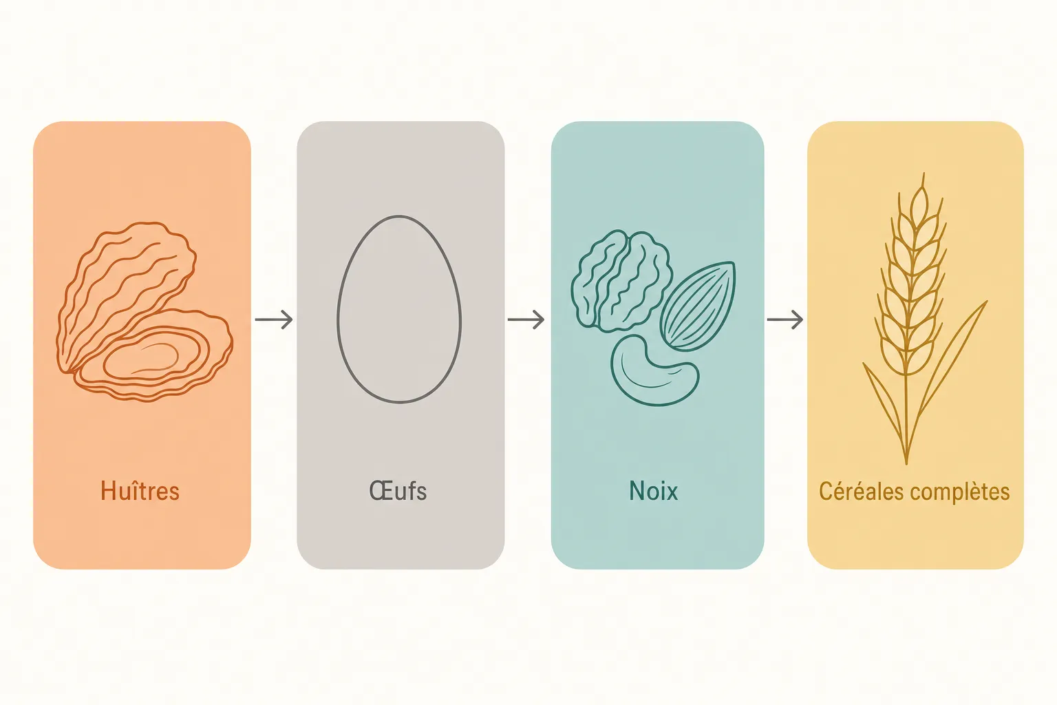 Schéma illustrant la transformation des aliments en éléments nutritifs: huîtres → œufs → noix → céréales complètes, étape par étape.