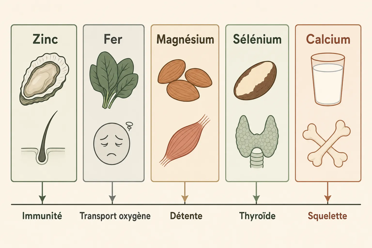 Schéma illustrant le zinc, le fer, le magnésium, le sélénium et le calcium, et leurs effets respectifs sur l'immunité, le transport de l'oxygène, la détente musculaire, la thyroïde et le squelette.