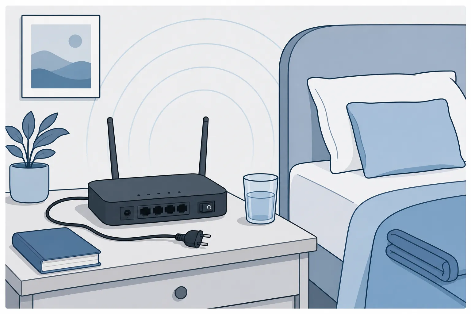 Routeur wifi posé sur une table de chevet près d'un lit, avec câbles et prise électrique