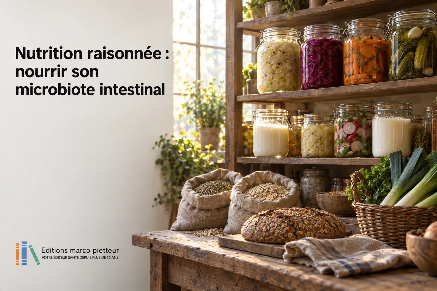 Bocaux d'aliments fermentés sur une étagère et pains posés sur une table