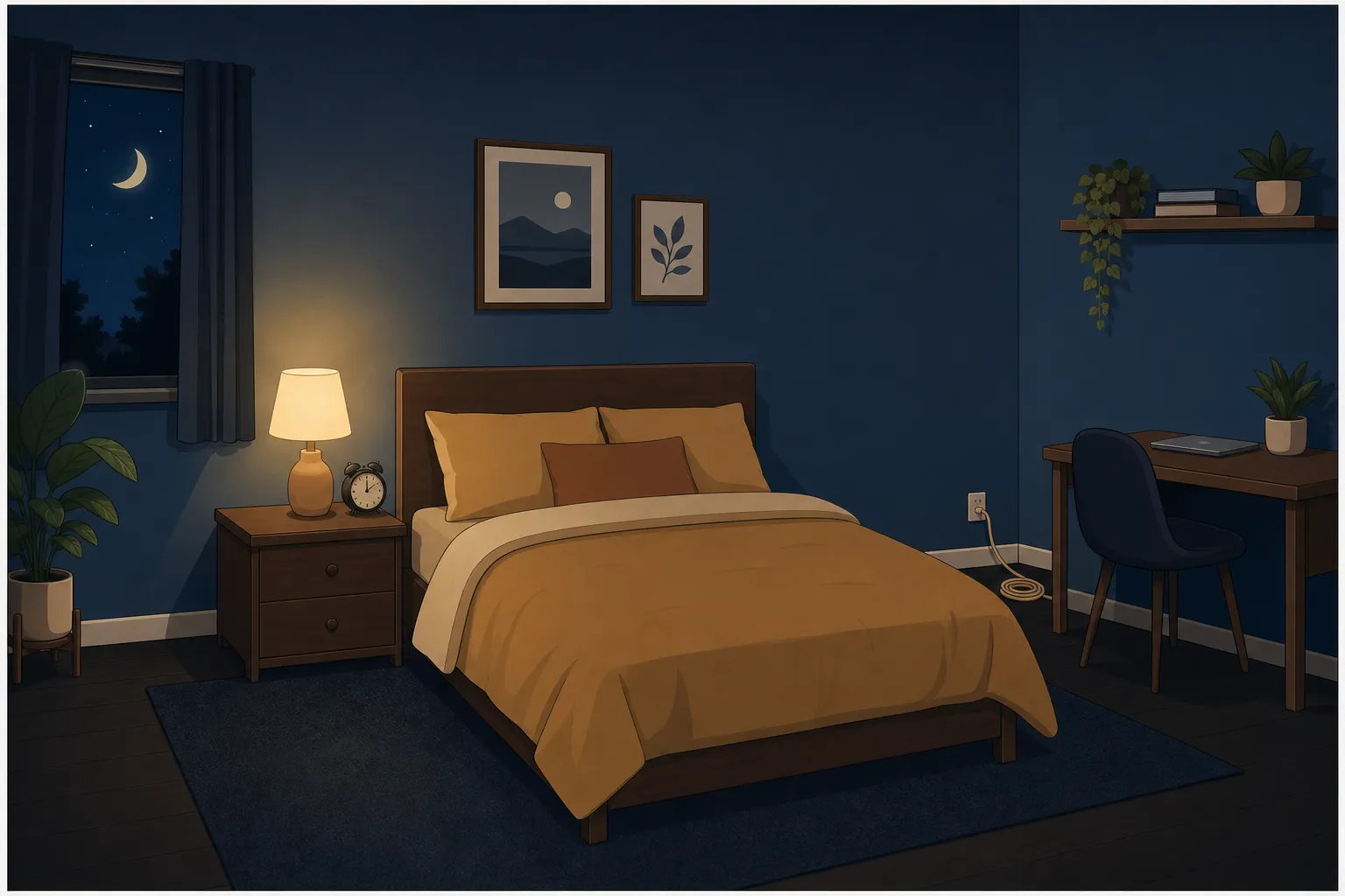 Chambre à coucher avec lit, table de chevet et lampe allumée