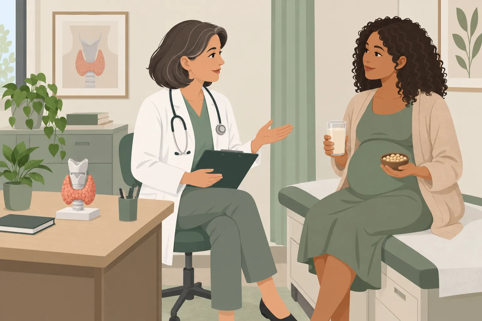 Consultation médicale entre une médecin et une femme enceinte dans un cabinet
