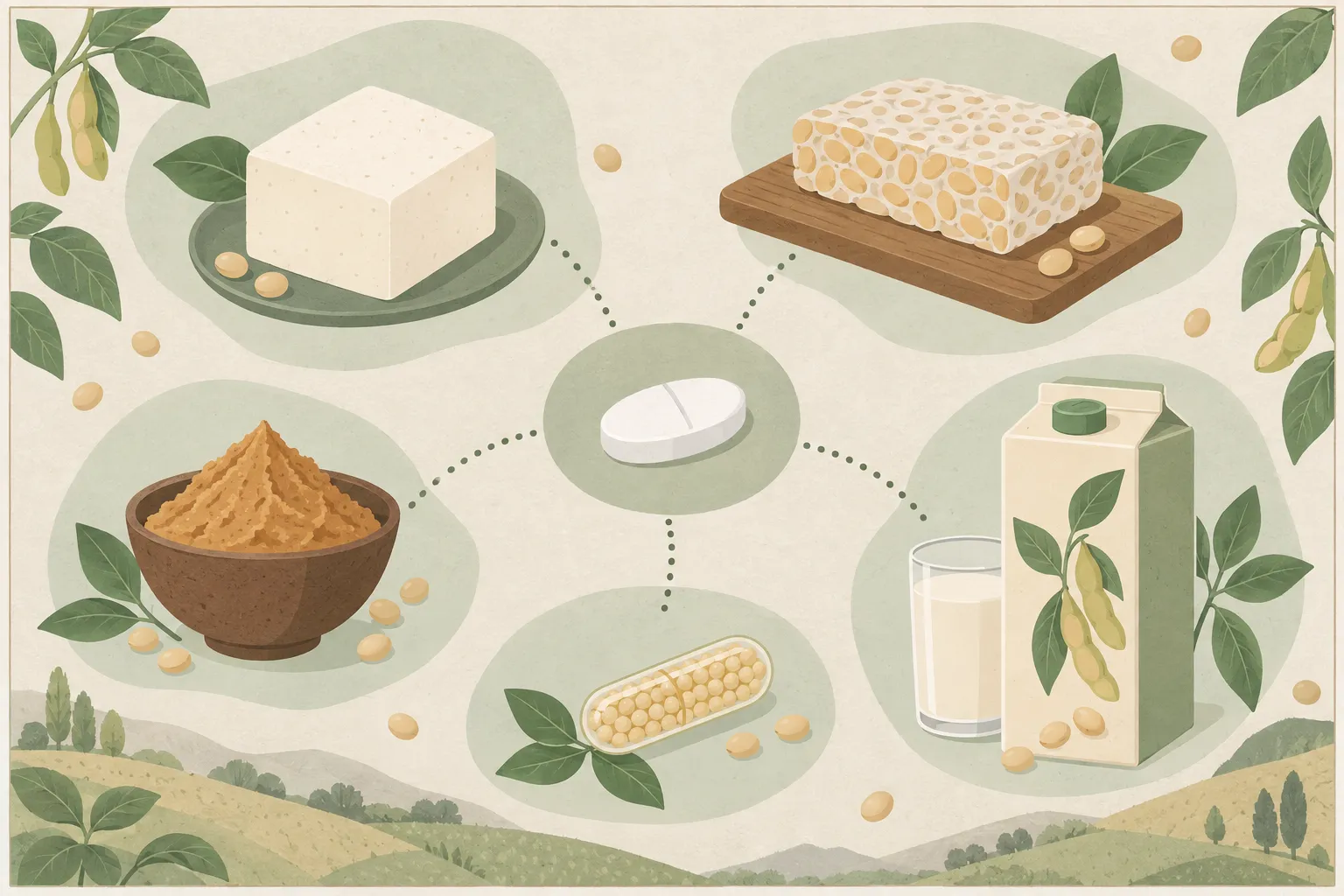 Divers aliments à base de soja : tofu, lait de soja, yaourt, céréales et purée de soja
