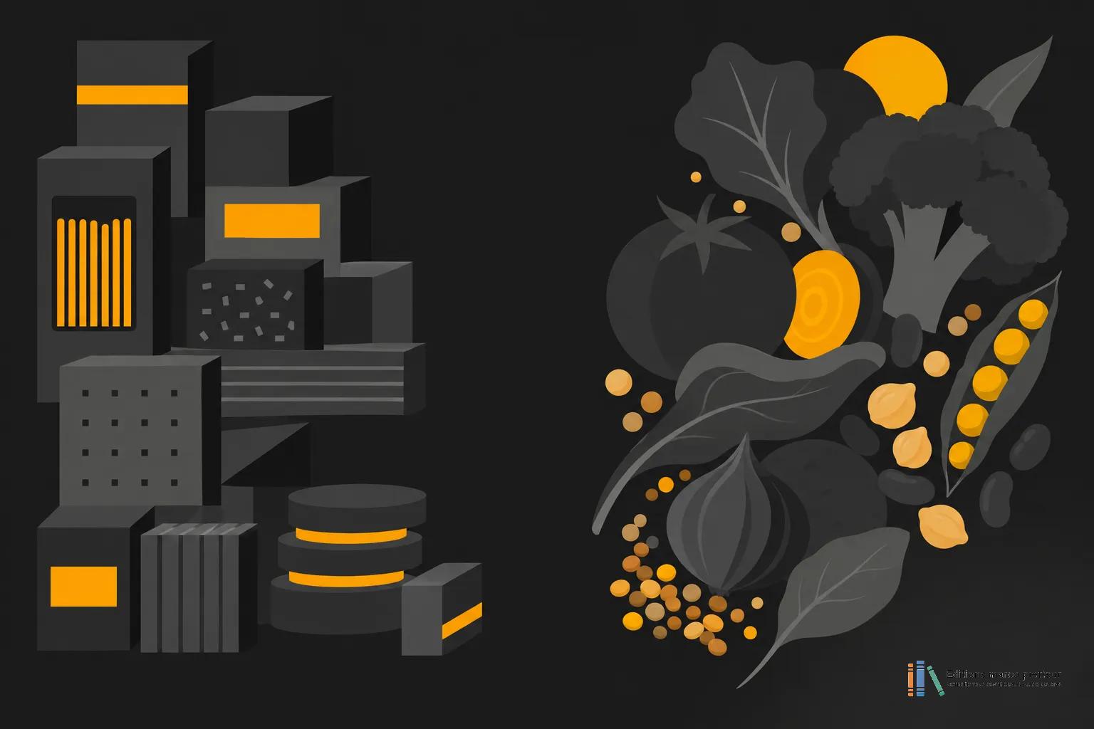 Illustration opposant des bâtiments gris, ponctués de touches orange, à des légumes et aliments colorés