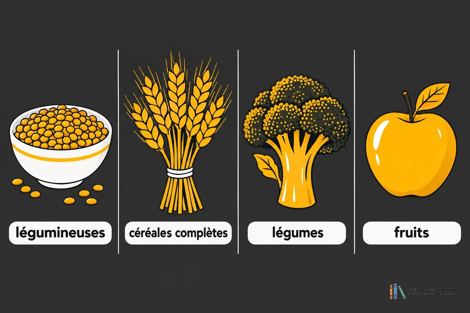 Quatre familles d'aliments riches en fibres : légumineuses, céréales complètes, légumes et fruits