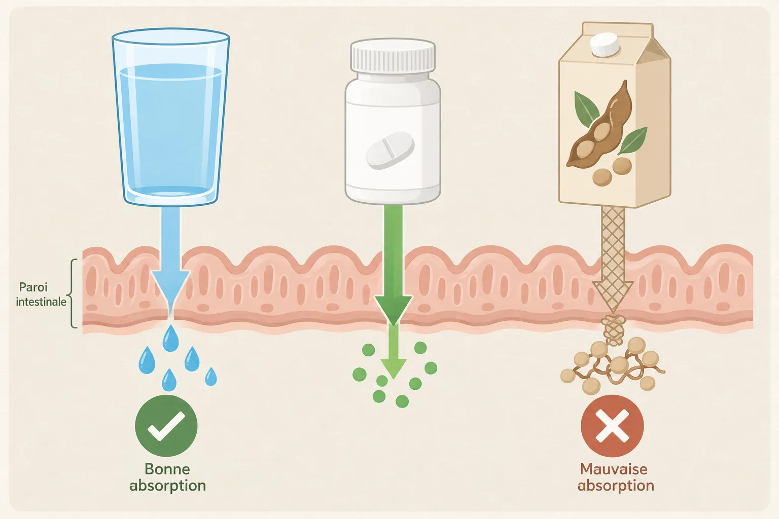 Schéma de l'absorption intestinale de la lévothyroxine, perturbée par certains aliments comme le soja
