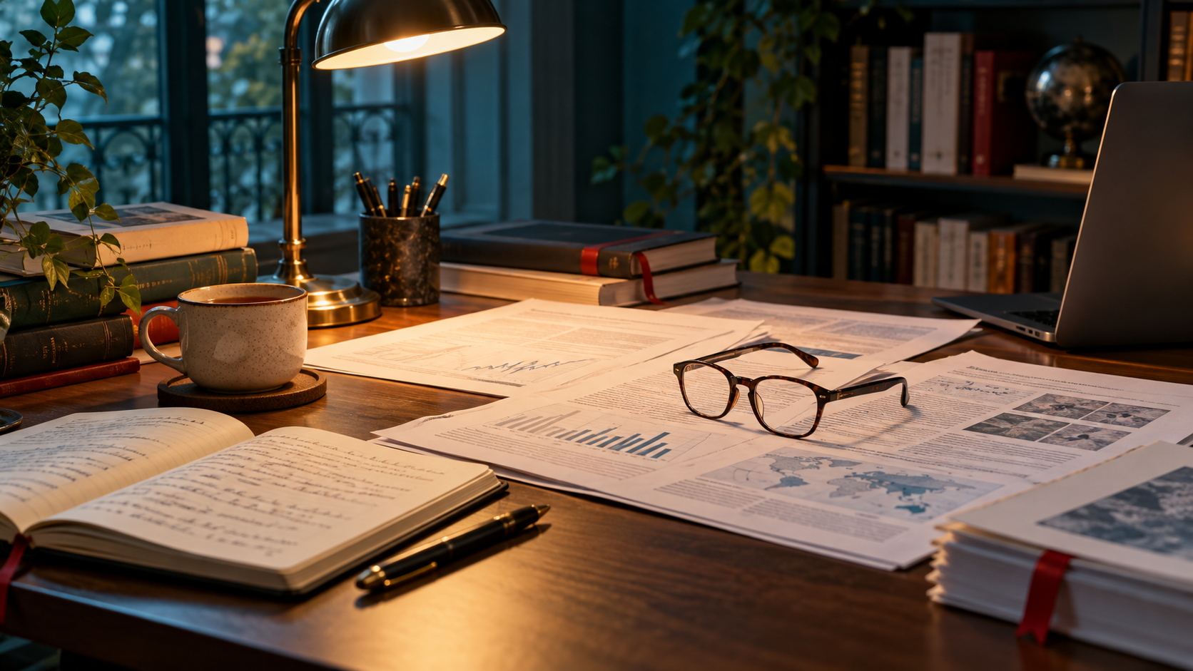 Bureau de lecture, documents et lunettes, illustration de l’enquête présentée par Patrick Stocco
